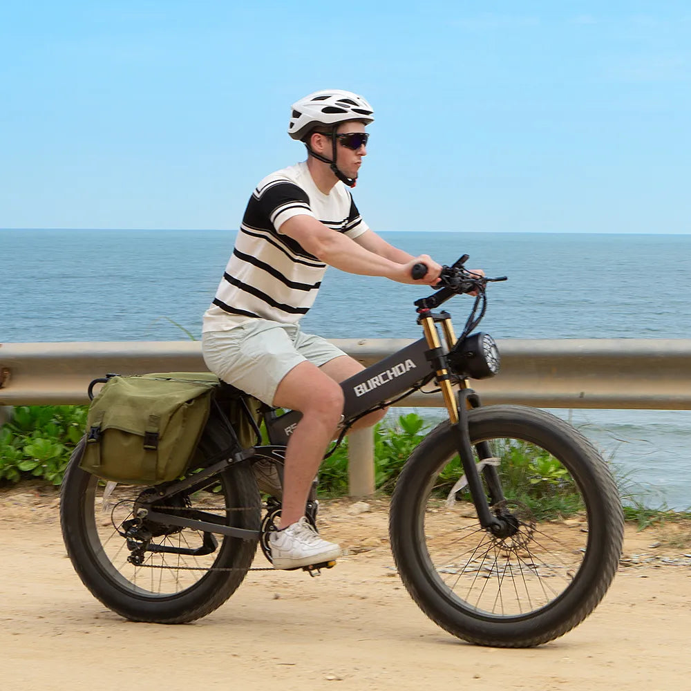 Man Riding the R5 PRO Fat Tire Electric Bike Along a Coastal Trail