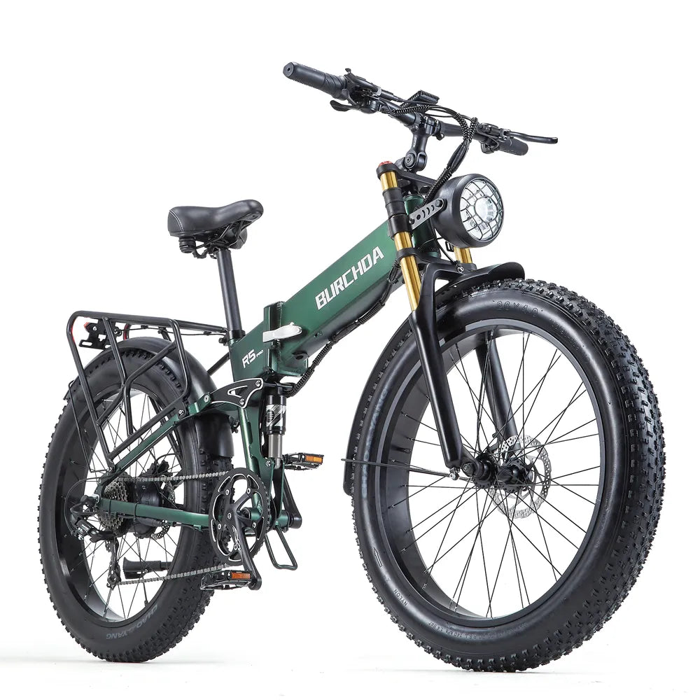 Burchda R5 Pro Folding Fat Tire Mountain Electric Bike MTB, Full Suspension Off Road Double Crown Fork, 1000W 26x4, Long Range Ebike for Adults, 1500W