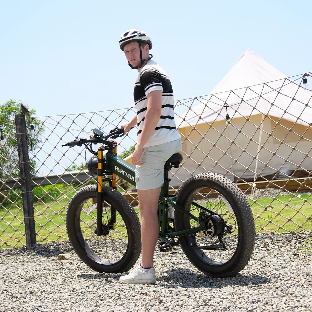 Man Standing Next to the R5 PRO Folding Electric Bike Outdoors