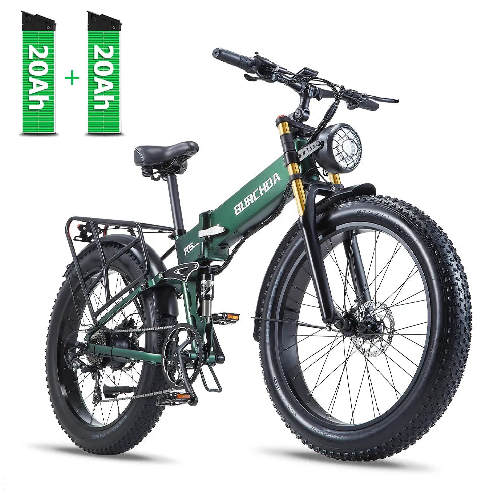 Burchda R5 Pro 1500W Dual Battery Long Range Fat Tire Electric Bike, Full Suspension, Double Crown Fork, 48V 40Ah, 130 Miles Range