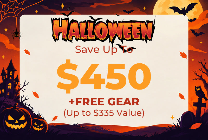 Halloween promotional graphic with a large white card reading 'HALLOWEEN Save Up To $450 +FREE GEAR (Up to $335 Value)' over an orange spooky background with bats, pumpkins, a haunted house, and a full moon.