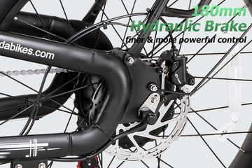 Close-up of the Burchda C35 180mm hydraulic disc brake caliper and rotor at the rear hub motor