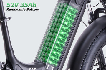 Cutaway view of the Burchda C35 52V 35Ah removable battery integrated into the step-through down tube