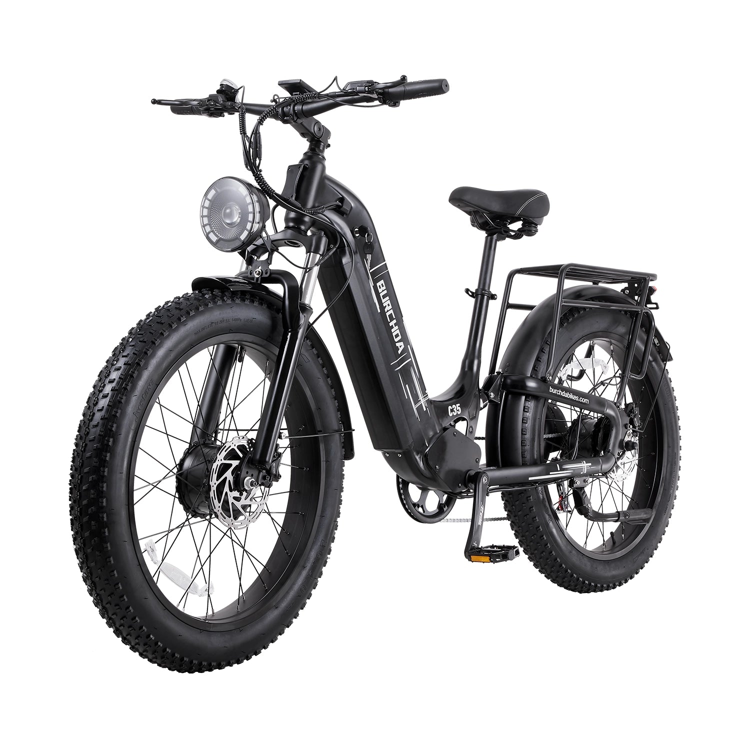 Black Burchda C35 step-through e-bike at an angle, showing the LED headlight, front hub motor and fenders
