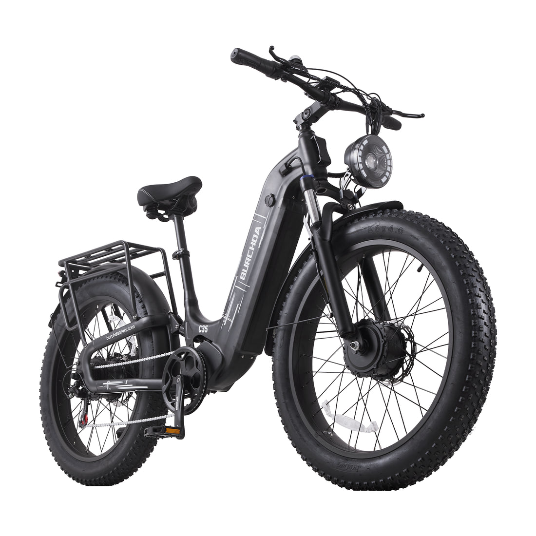 Burchda C35 step-through e-bike, angled front view with the removable 52V 35Ah battery on the down tube