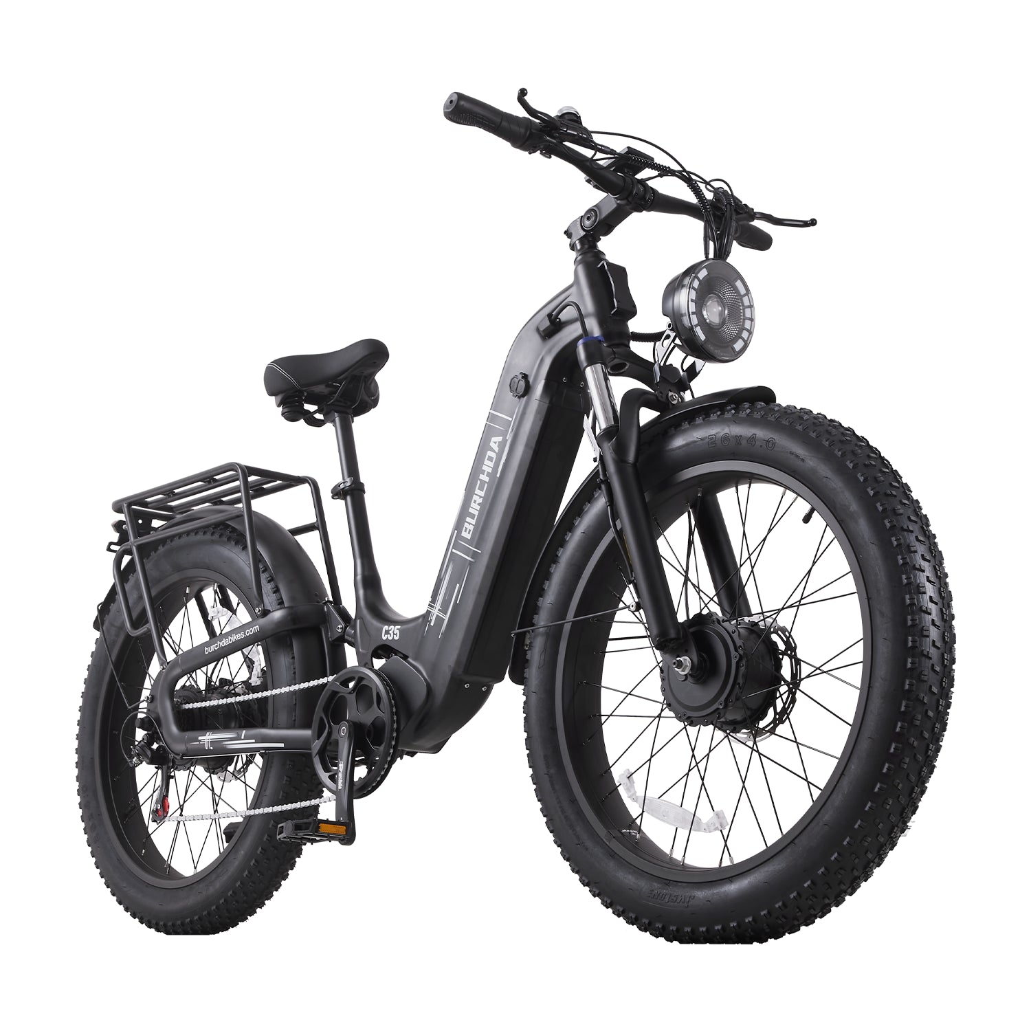 Burchda C35 step-through e-bike, angled front view with the removable 52V 35Ah battery on the down tube
