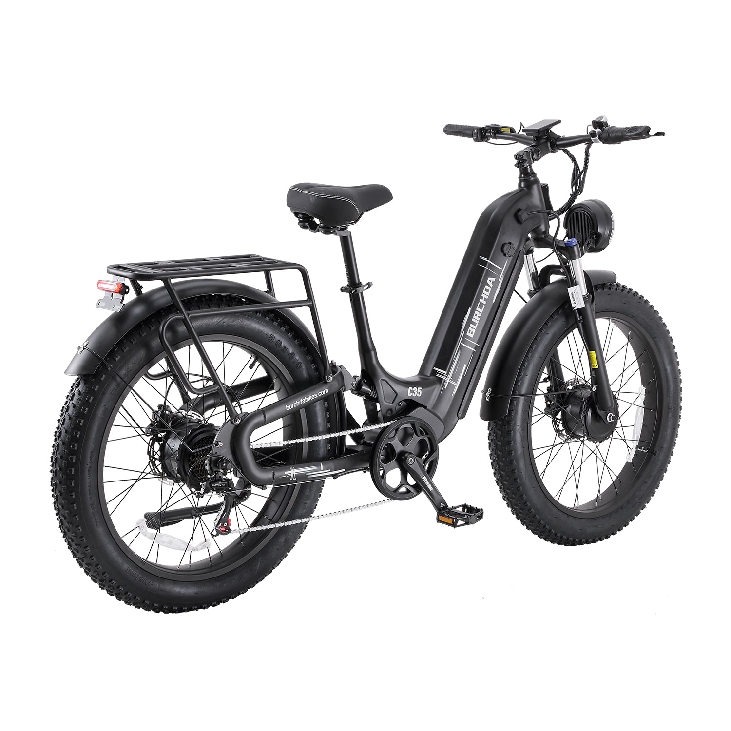 Rear three-quarter view of the black Burchda C35 with its rear rack, taillight and rear hub motor