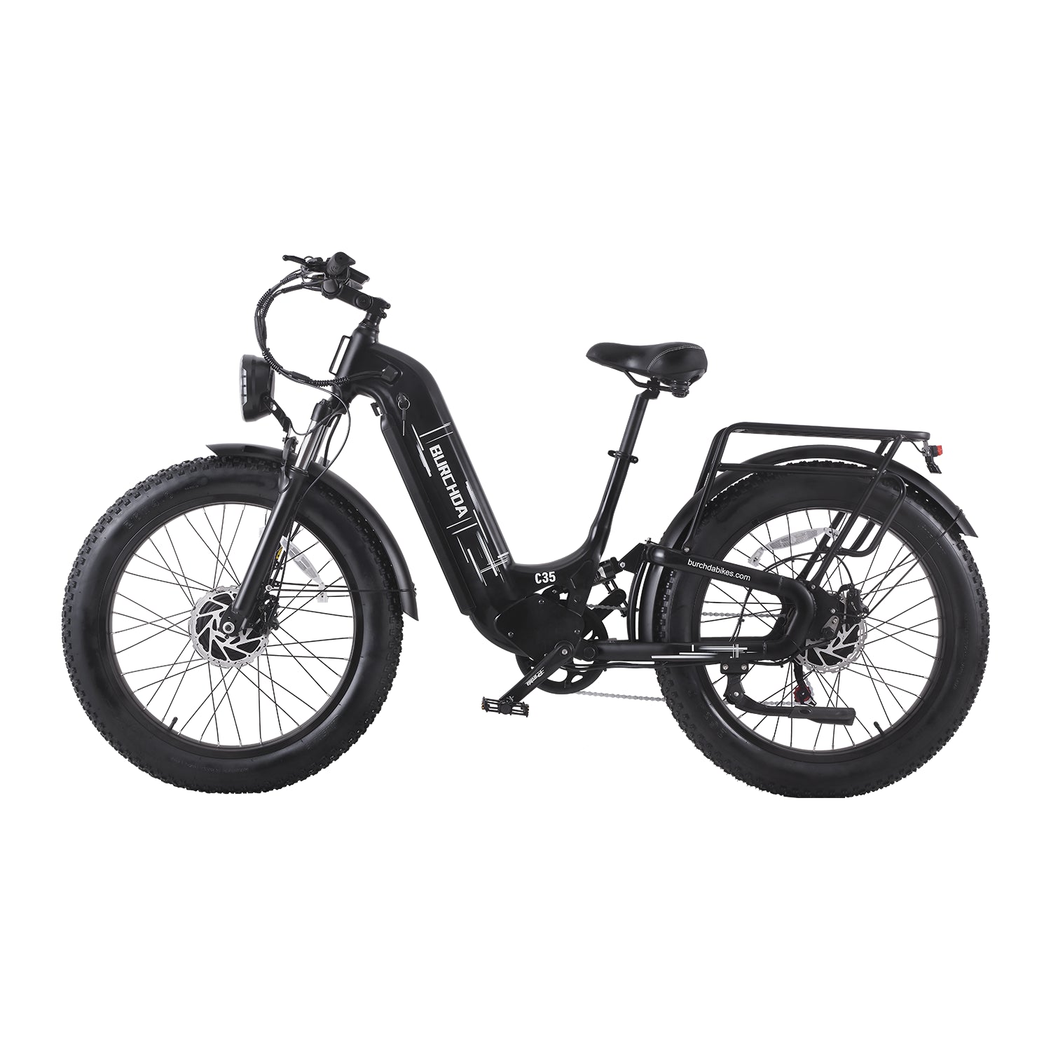 Black Burchda C35 step-through fat tire e-bike in profile with front suspension fork and 26-inch fat tires