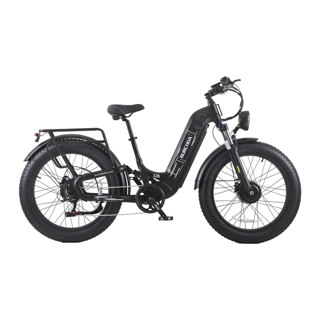 Burchda C35 step-through e-bike, angled front view with the removable 52V 35Ah battery on the down tube