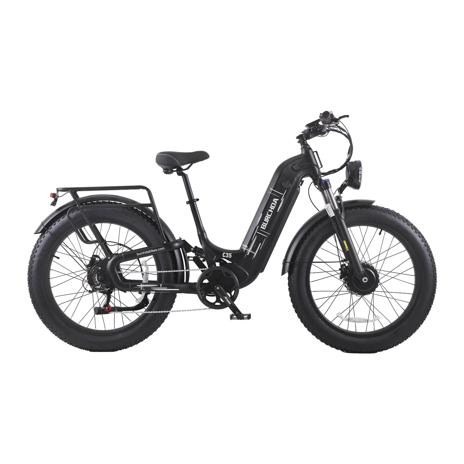 Burchda C35 AWD step-through e-bike in black, side profile showing the 20-inch stand-over frame and rear rack