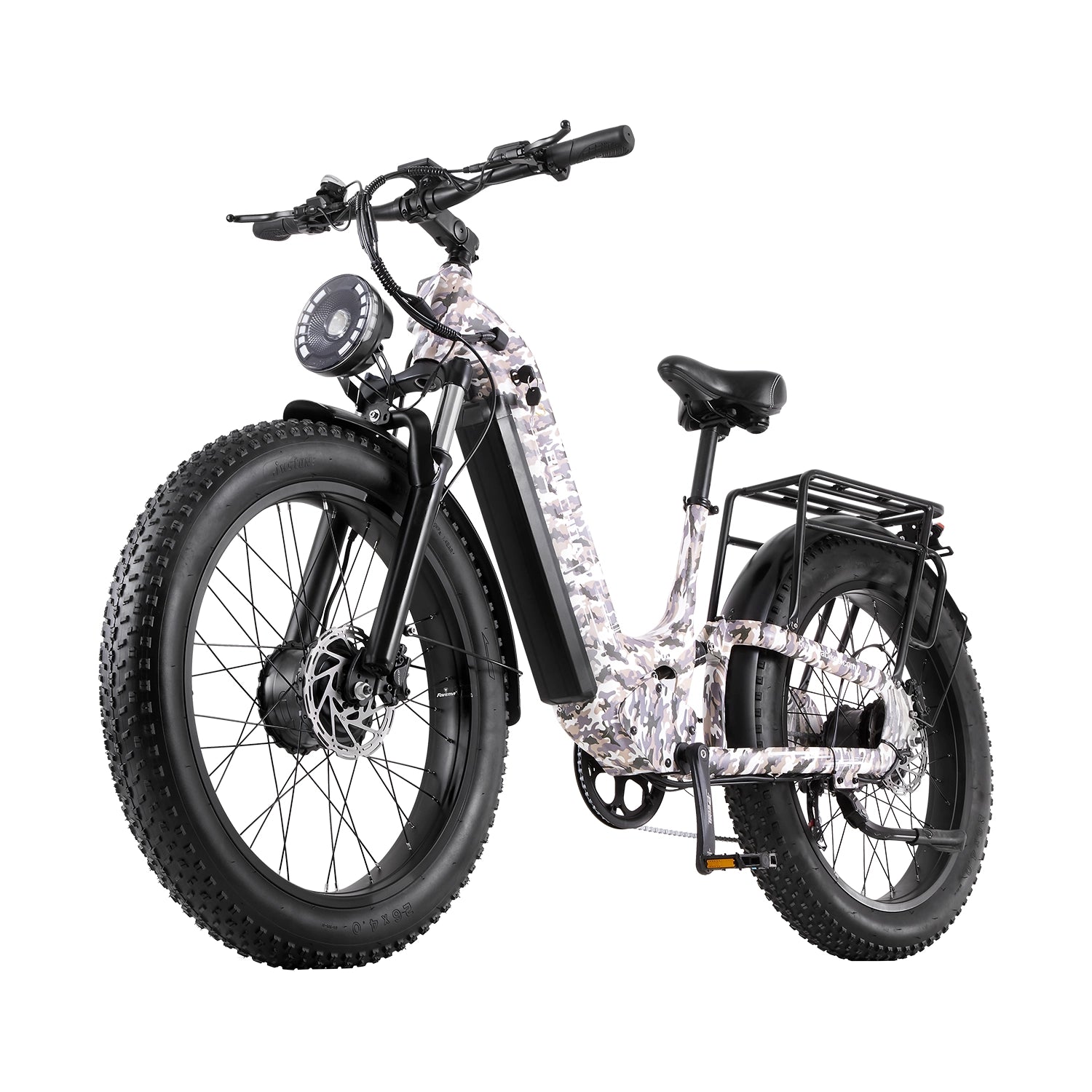 Camouflage Burchda C35 step-through e-bike at an angle, showing the LED headlight and removable battery