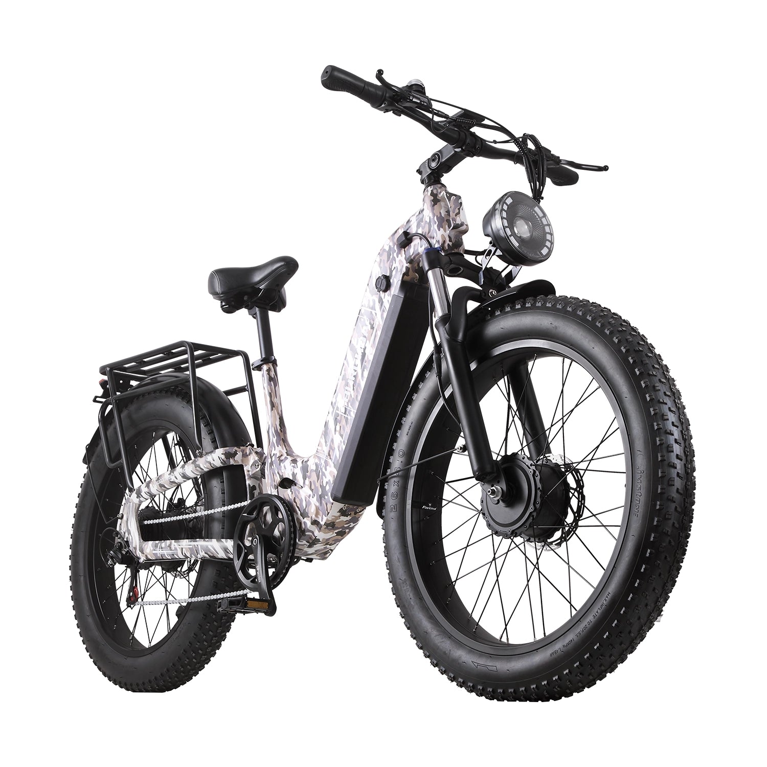 Burchda C35 AWD e-bike in Camouflage, front three-quarter view with dual hub motors and fat tires