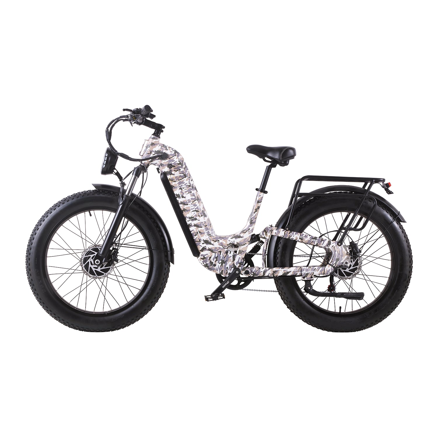 Camouflage Burchda C35 step-through fat tire e-bike in profile with front suspension fork and rear rack