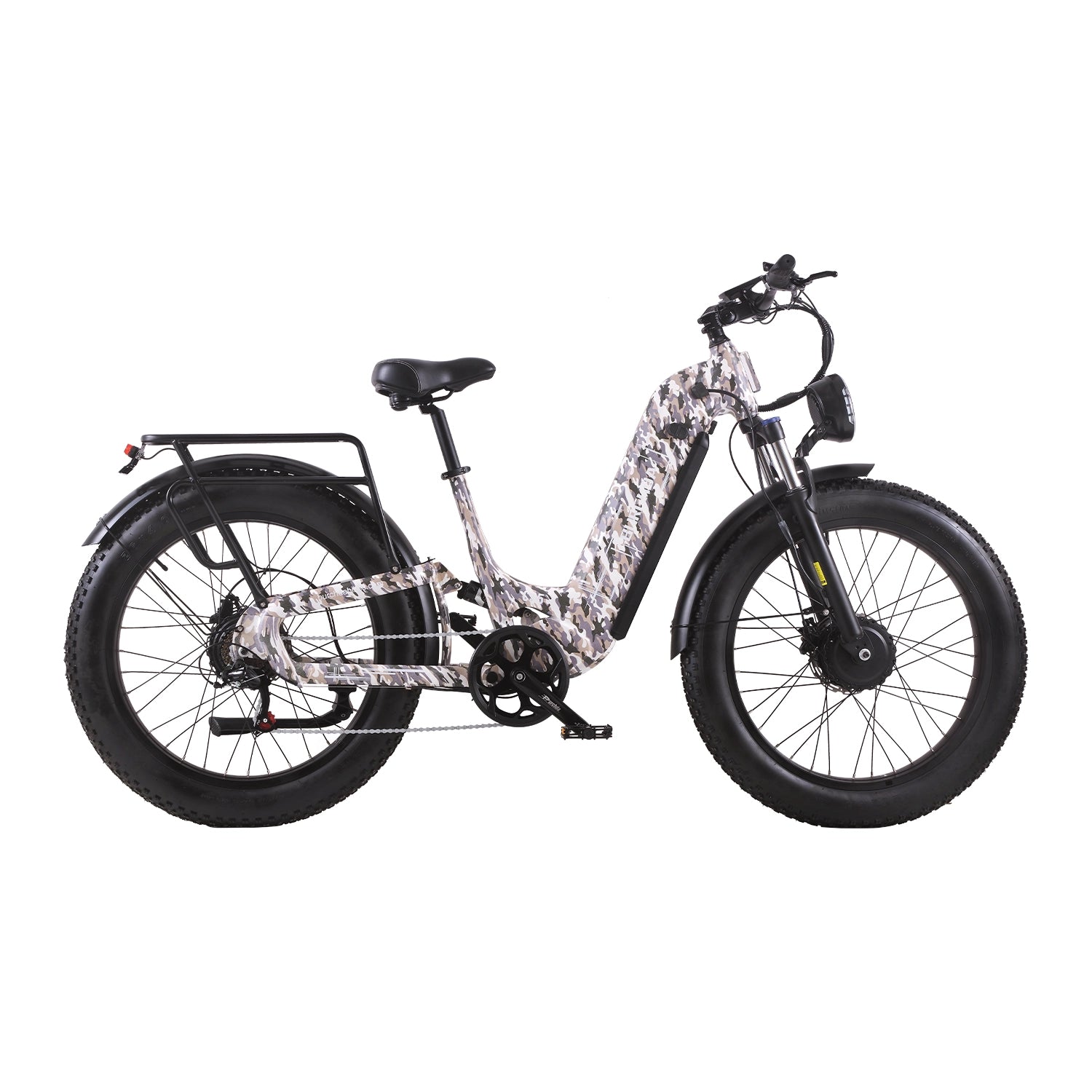 Burchda C35 AWD step-through e-bike in Camouflage, side profile showing the low step-through frame