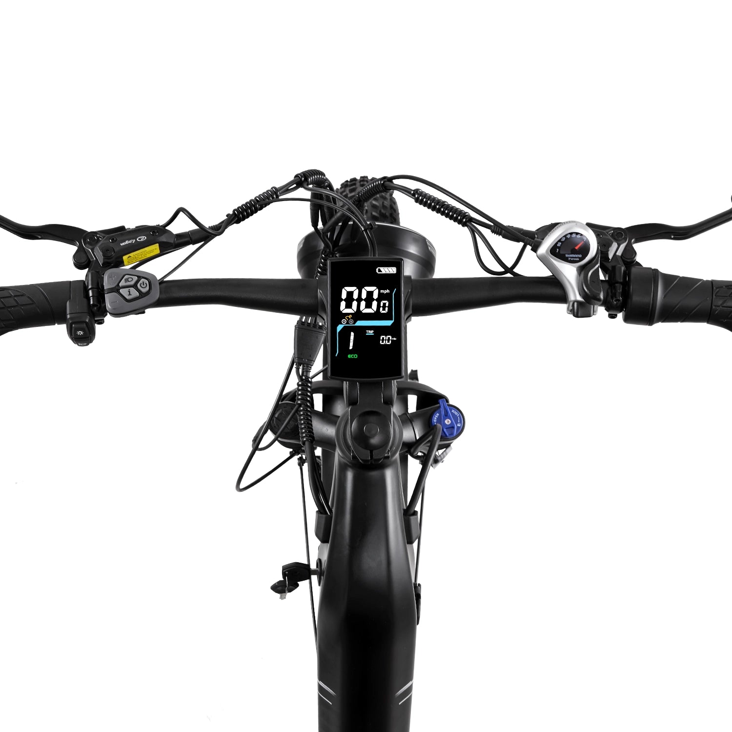 Burchda C35 cockpit with 3.5-inch color LCD display, Shimano 7-speed shifter and hydraulic brake levers