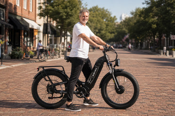 Rider standing over the low step-through frame of a Burchda C35 with both feet flat on the ground on a brick street.