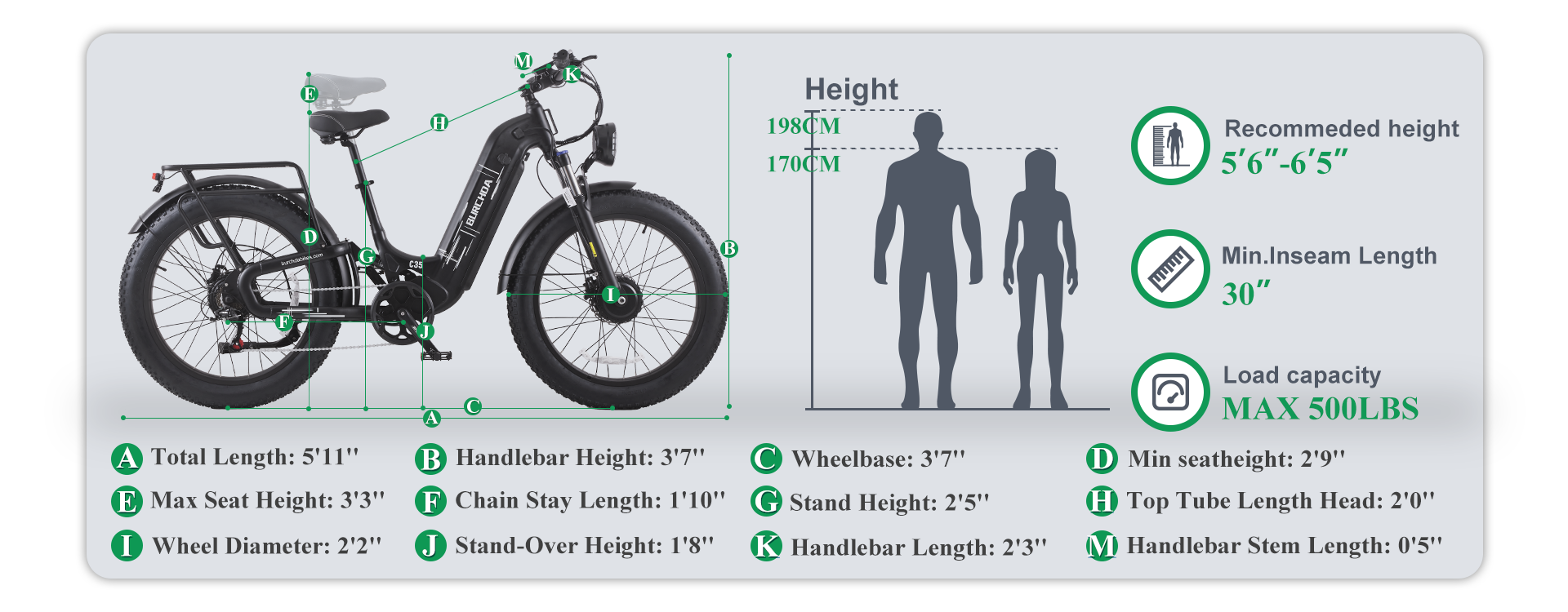 Burchda C35 frame geometry and rider height chart, fits riders 5'6" to 6'5" with 500 lbs load capacity