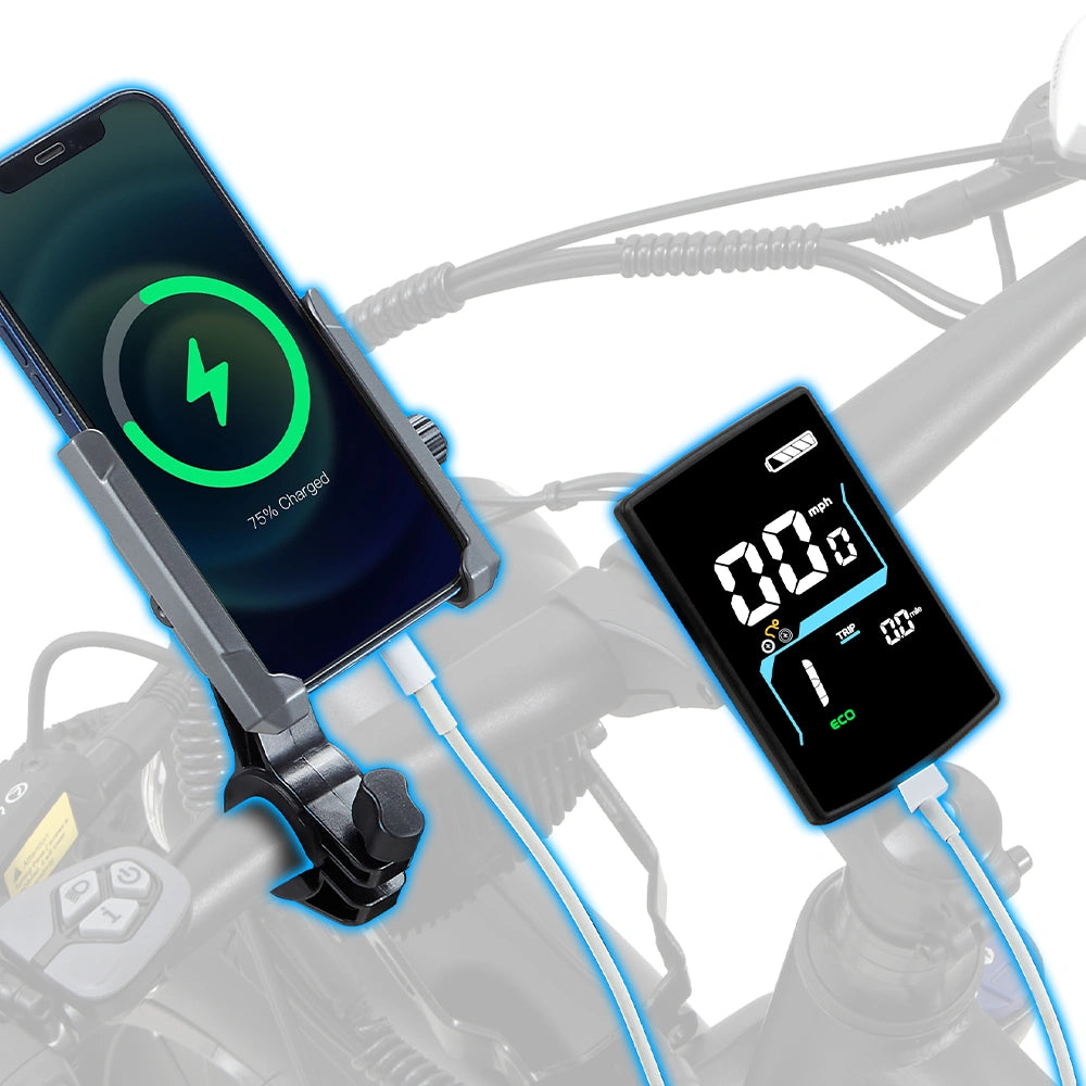 Burchda C35 color LCD display charging a phone mounted on the handlebar