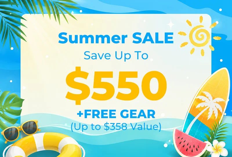 Burchda Summer Sale navigation menu graphic featuring a surfboard and tropical elements, offering up to $550 off and free gear valued up to $358 on select electric bikes.