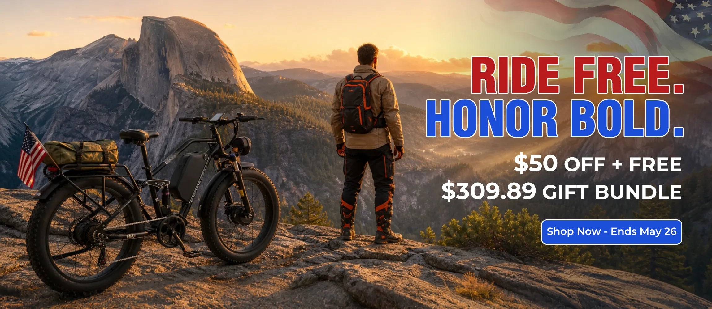 Burchda Memorial Day ebike promotion: $50 off plus a free $309.89 gift bundle. Rider and a Burchda fat tire electric bike on a mountain peak.slider_item_TB88md