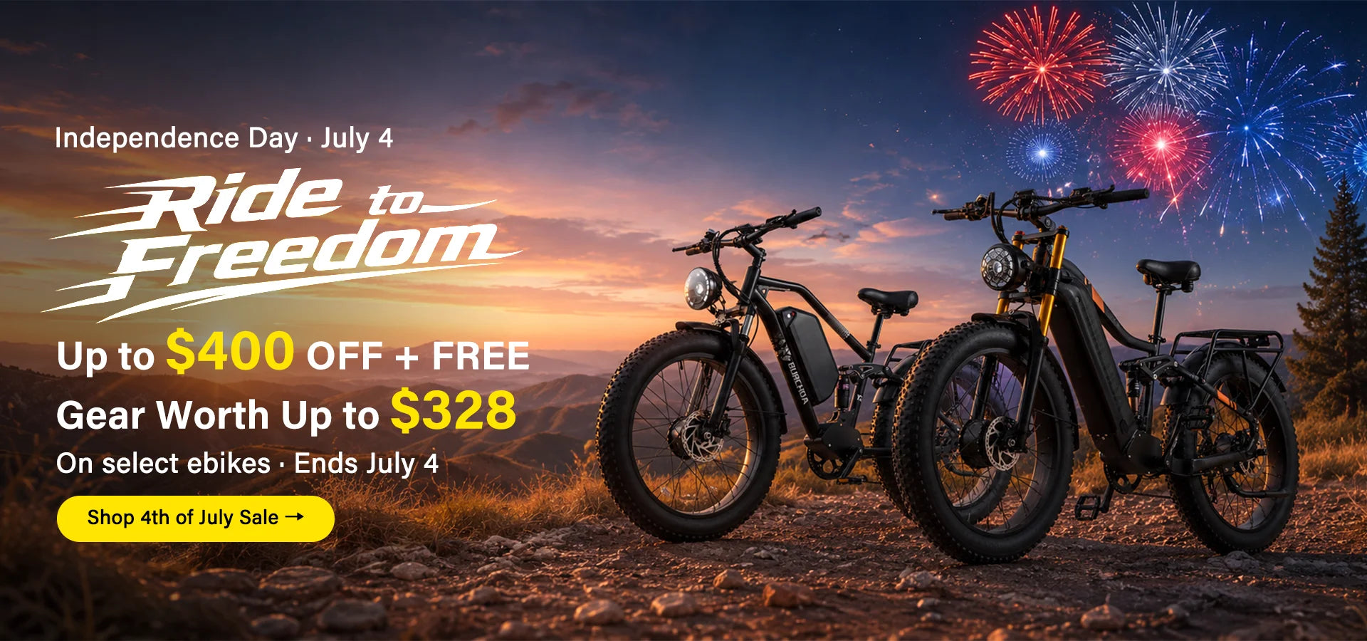 Mobile promotional banner for Burchda Independence Day sale, showcasing high-performance electric bikes under holiday fireworks. Shop the 4th of July sale for up to $400 off.slider_item_TB88md
