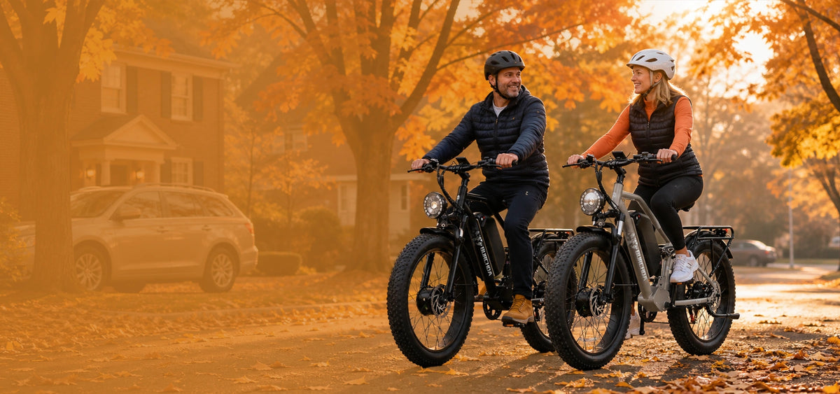 Two riders side by side on Burchda fat-tire e-bikes among fall maple trees at golden hour.slider_item_4tezrA