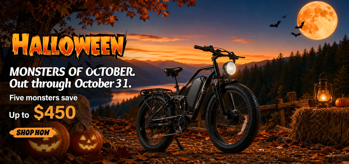 Promotional graphic for a Halloween electric fat tire bike, featuring a black e-bike with a headlight on a forest path at sunset, with jack-o'-lanterns, a black cat, and bold text reading 'HALLOWEEN MONSTERS OF OCTOBER. Out through October 31.slider_item_mpiePz
