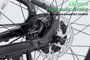 Close-up of the Burchda HC26 180mm hydraulic disc brakes ensuring powerful and precise stopping control for off-road riding.