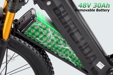 The high-capacity 48V 30Ah removable lithium battery seamlessly integrated into the Burchda HC26 ebike frame.