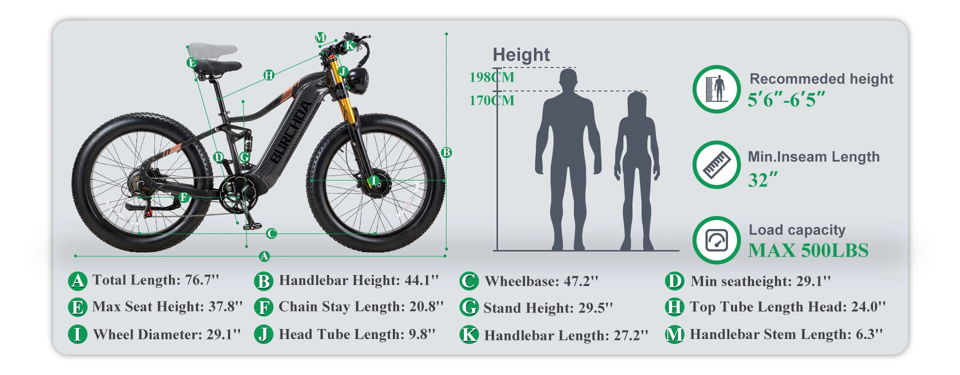 Burchda HC26 electric bike size guide and dimensions chart, displaying precise frame measurements, a maximum load capacity of 500 lbs, and recommended rider heights from 5'6" to 6'5".