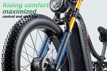 Burchda HC26 fat tire electric bike featuring a 220mm dual-crown front suspension fork and a 26x4.0 all-terrain tire.