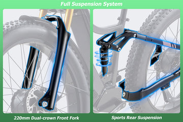Burchda HC26 full suspension system showcasing the heavy-duty front fork and sports rear shock absorber for maximum riding comfort.