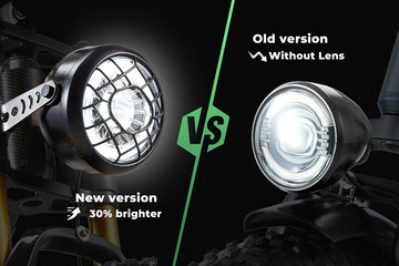 Upgraded retro LED headlight with a protective grille on the Burchda HC26, offering 30% brighter illumination for safe night riding.