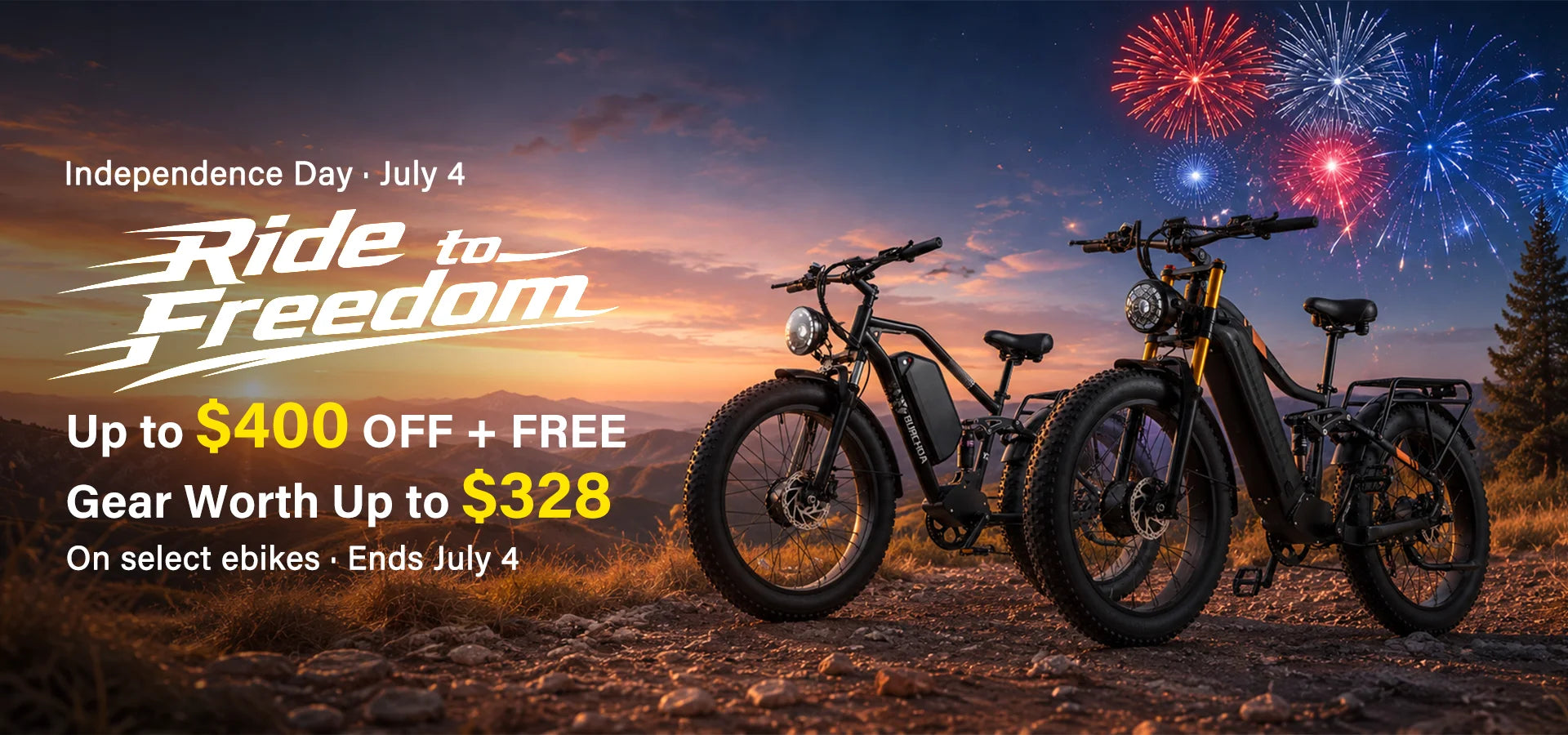 Burchda ebike collection mobile banner for Independence Day, featuring rugged all-terrain electric bicycles and promotional holiday discounts.slider_item_FqadJ6