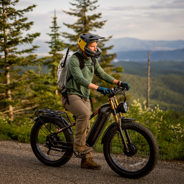 Off-Road Electric Bikes — rider on a Burchda fat tire e-bike on a mountain ridge trai