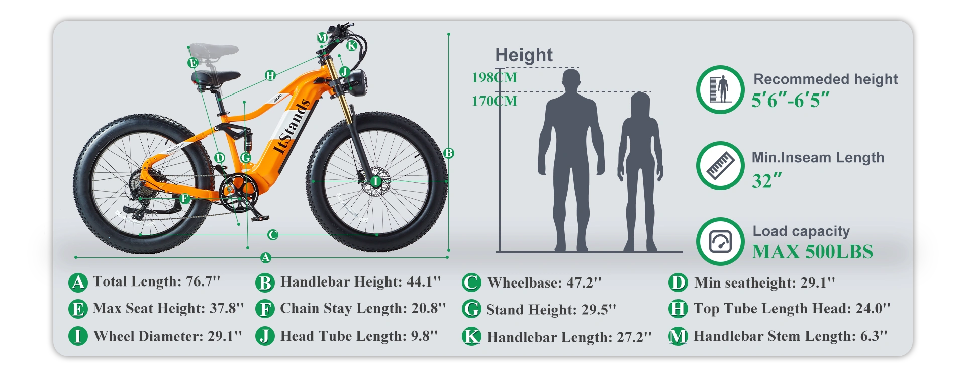 Horizontal dimension guide for Burchda RX30 fat tire electric bike, illustrating total length, adjustable seat height, and 32 inches minimum inseam length.